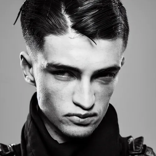 Image similar to a closeup photo of a male model with modern medieval haircut by boris bidjan saberi, 4 k, studio lighting, wide angle lens