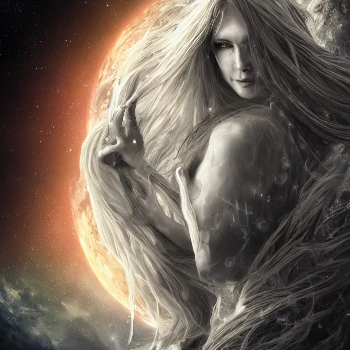 Image similar to gorgeous celestial woman with long hair wrapping downward around planet seen for space, hyper-detailed, smooth, sharp focus, depth map, digital painting, apocalyptic art, fantasy dark art, 4k ultra hd, cinematic