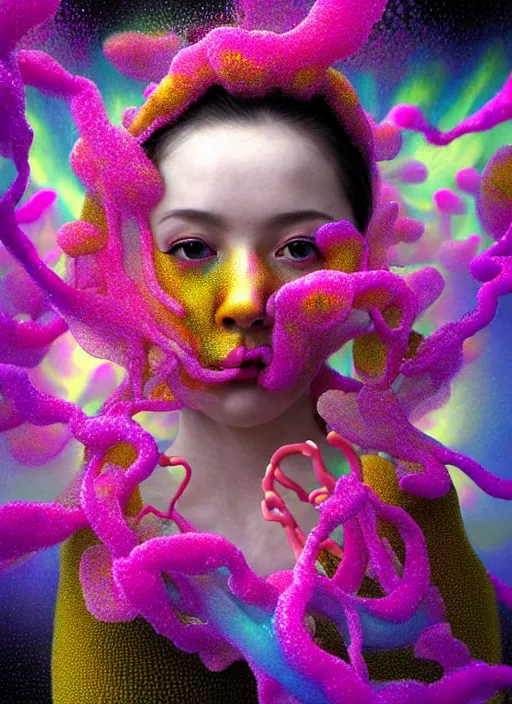 Prompt: hyper detailed 3d render like a Oil painting - kawaii portrait Aurora (Singer) seen Eating of the Strangling network of yellowcake aerochrome and milky Fruit and Her delicate Hands hold of gossamer polyp blossoms bring iridescent fungal flowers whose spores black the foolish stars by Jacek Yerka, Mariusz Lewandowski, Houdini algorithmic generative render, Abstract brush strokes, Masterpiece, Edward Hopper and James Gilleard, Zdzislaw Beksinski, Mark Ryden, Wolfgang Lettl, hints of Yayoi Kasuma, octane render, 8k