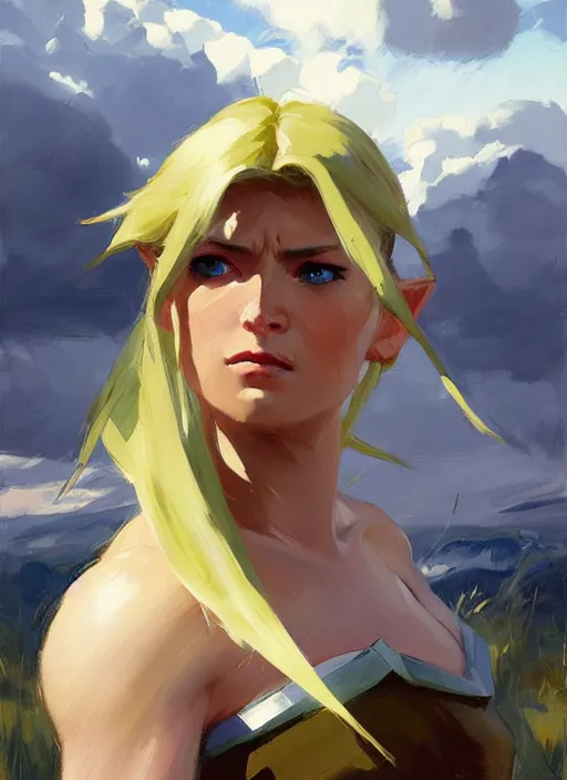 Image similar to Greg Manchess painting of a female Link from Legend of Zelda, countryside, calm, fantasy character portrait, dynamic pose, above view, sunny day, thunder clouds in the sky, artwork by Jeremy Lipkin and Giuseppe Dangelico Pino and Michael Garmash and Rob Rey, very coherent asymmetrical artwork, sharp edges, perfect face, simple form, 100mm