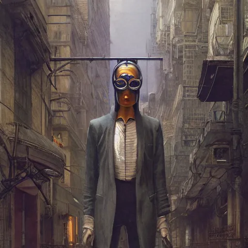 Image similar to portrait of masked cyberpunk scientist on the art deco streets of the Empire city, award-winning realistic sci-fi concept art by Beksinski, Bruegel, Greg Rutkowski, Alphonse Mucha, and Yoshitaka Amano