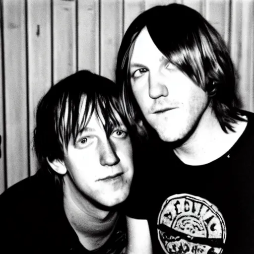 Prompt: elliott smith and kurt cobain hanging out at a bar