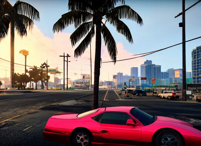 Prompt: still next - gen ps 5 game grand theft auto 6 2 0 2 4 remaster, graphics mods, rain, red sunset, people, rtx reflections, gta vi, miami, palms and miami buildings, photorealistic screenshot, unreal engine, 4 k, 5 0 mm bokeh, close - up furore gt, gta vice city remastered, artstation