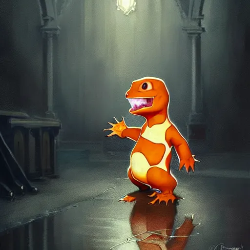 Image similar to charmander in his first communion, art by greg rutkowski, intricate, elegant, highly detailed, smooth, sharp focus, artstation