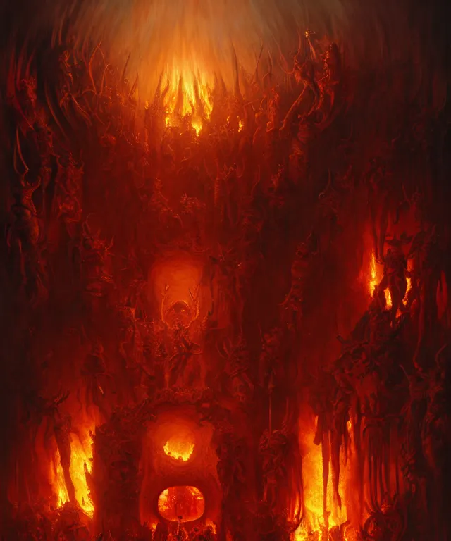 Image similar to Purgatory, fire in hell. A crowd of sinful people is burning in hell in hellfire. The gateway to the infernal underworld. Devils demons and ghouls torment sinful people, highly detailed, digital painting, artstation, concept art, smooth, sharp focus, illustration, art by artgerm and greg rutkowski and alphonse mucha