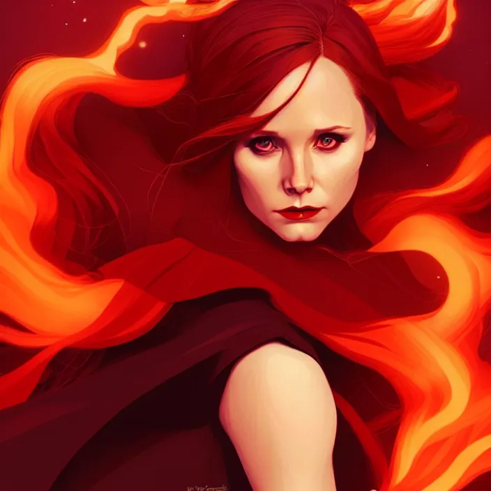 Image similar to style artgerm, joshua middleton, beautiful ( kristen bell ) with dark red dress, very long orange hair, symmetrical face, symmetrical eyes, fire powers fire swirling, detailed, volcano setting, cinematic lighting