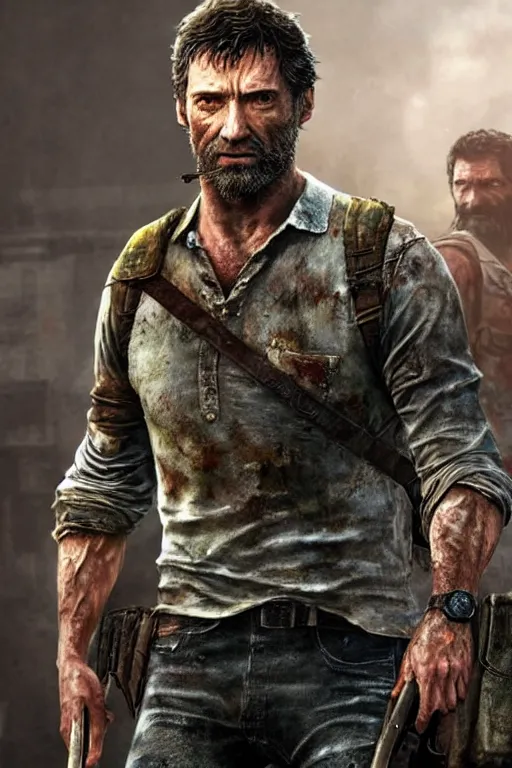 Image similar to realistic photo of Hugh Jackman as Joel in The Last of Us, highly detailed portrait,