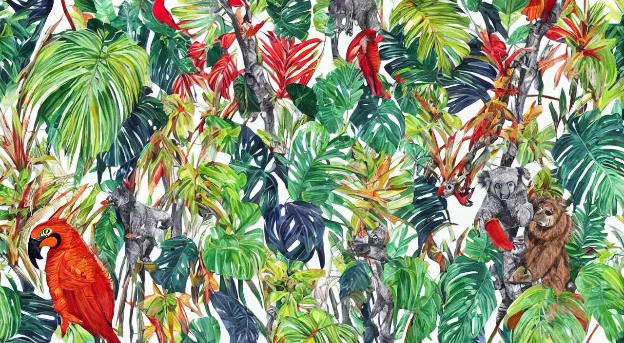 Prompt: a beautiful painting of various large tropical plant leaves, ornat concept art illustration, koala, zebra, lion, macaws, paint on canvas