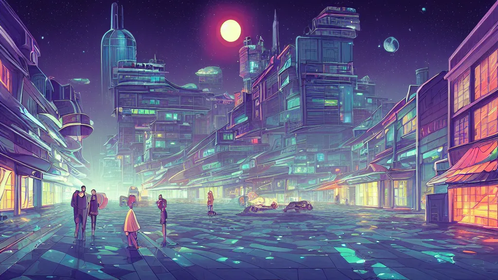 Image similar to the city street looking towards the spaceport at night by cyril rolando and naomi okubo and dan mumford