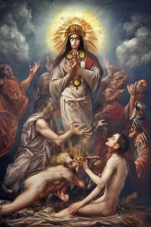 Prompt: transcendental adoration of the magi, stigmata, occult symbolism epic surrealism 8k oil painting, portrait, perspective, high definition, post modernist layering, by Peter Kemp