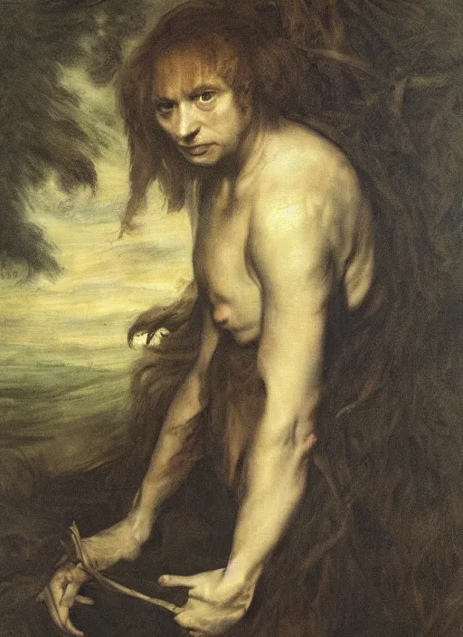 Image similar to swamp monster, misty, moody, painting, tempera paint, lonely, strong, large, muted, by anthony van dyck