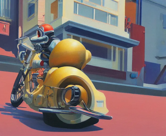 Image similar to a very detailed painting of a astronaut wearing a suit, riding a motorbike down a street, harley davidson motorbike, worm's - eye view, very fine brush strokes, very aesthetic, very futuristic, in the style of edward hopper and grant wood and syd mead, 4 k,