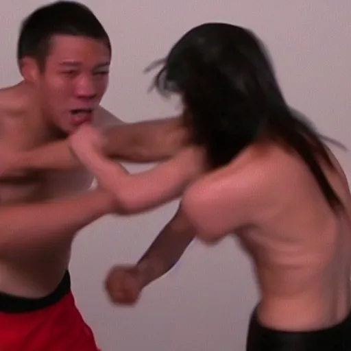 Prompt: 2 4 0 p footage, 2 0 0 6 youtube video, low quality photo, man and woman fistfighting each other