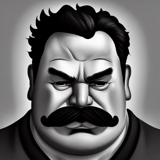 Image similar to face portrait a big beefy man with a large face, thick dark hair, a bushy black moustache, no beard, with hardly any neck and mean little eyes, highly detailed, digital art, sharp focus, trending on art station, drawing