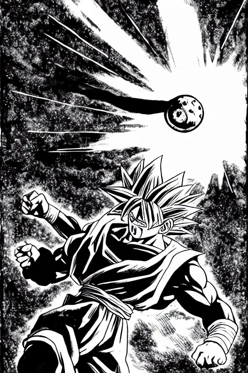 Prompt: pen-and-ink illustration of goku making a spirit bomb, high resolution, hd, 4k, by Franklin Booth