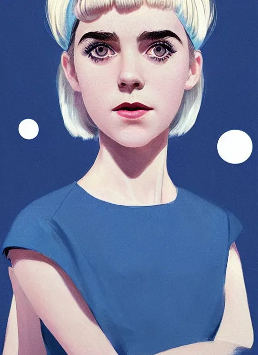 Image similar to portrait of kiernan shipka with freckles, white hair, big 1 9 6 0 s bob hairstyle with bangs and hairband, blue 1 9 6 0 s dress, intricate, elegant, glowing lights, highly detailed, digital painting, artstation, concept art, smooth, sharp focus, illustration, art by wlop, mars ravelo and greg rutkowski