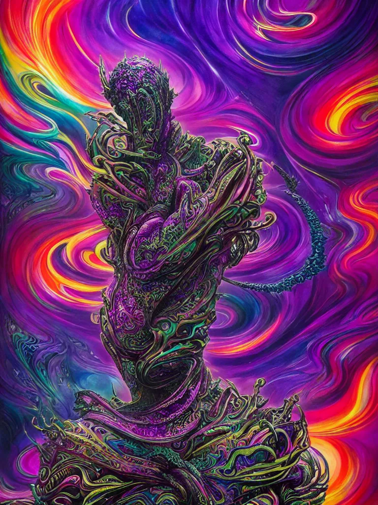 Prompt: depicting a wrathful technological nightmare monster god, in the style of lisa frank, exuberant organic elegant forms, by karol bak and filip hodas : : 1. 4 purple, red, blue, green, black intricate mandala explosions : : intuit art : : turbulent water backdrop : : damask wallpaper : : atmospheric