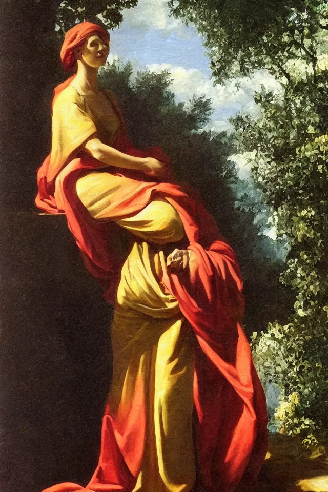 Prompt: chiaroscuro painting, dapple light, a beautiful greek woman in robes in a lush garden