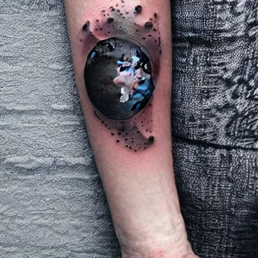 Image similar to a small black tattoo on the arm based on the universe, whole tattoo, realistic, very detailed