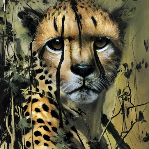 Prompt: cheetah in the jungle by dave mckean and yoji shinkawa, oil on canvas