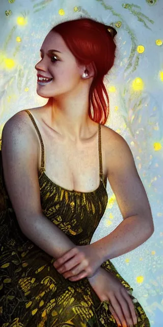 Image similar to a totally enraptured smiling young woman surrounded by golden firefly lights in a mesmerizing scene, sitting amidst nature fully covered, intricate detailed dress, long loose red hair, precise linework, accurate green eyes, small nose with freckles, smooth oval head, expressive emotions, hyper realistic ultrafine portrait by artemisia gentileschi, jessica rossier, artgerm