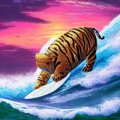 Image similar to a closeup photorealistic photograph of a cute smiling knitted tiger hippopotamus riding a large wave at sunset. surf in the background. professional capture. brightly lit scene. this 4 k hd image is trending on artstation, featured on behance, well - rendered, extra crisp, features intricate detail, epic composition and the style of unreal engine.