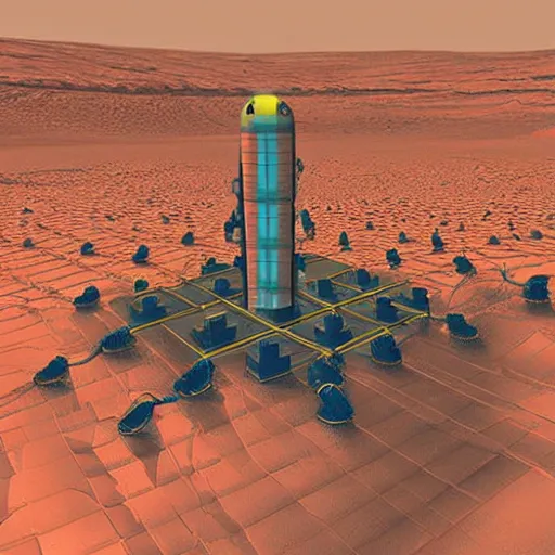 Prompt: a technical blueprint, voxel based world, space mining station on the surface of mars, myriad of interconnected yellow drop pod structures, connected via tubes