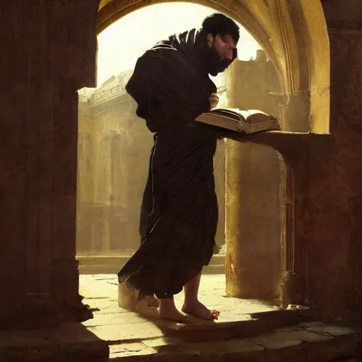 Image similar to half portait of monk wearing a closed cowl and big old book! chained to the wrist, jeremy mann, jean - leon gerome, tiepolo, alphonse mucha, greg rutkowski, face in the shadows, ( ( ruins of ancient rome ) ), at dusk, mysterious atmosphere, sunrays, dof, high detailed, 8 k