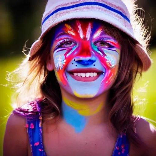 Image similar to a portrait of a girl who has face - painting like a abstract object smiling creepily. depth of field. lens flare