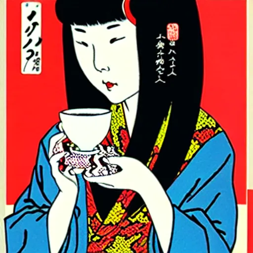 Prompt: Beautiful Japanese woman drinking tea with a snake by Toshio Saeki ultra high detailed