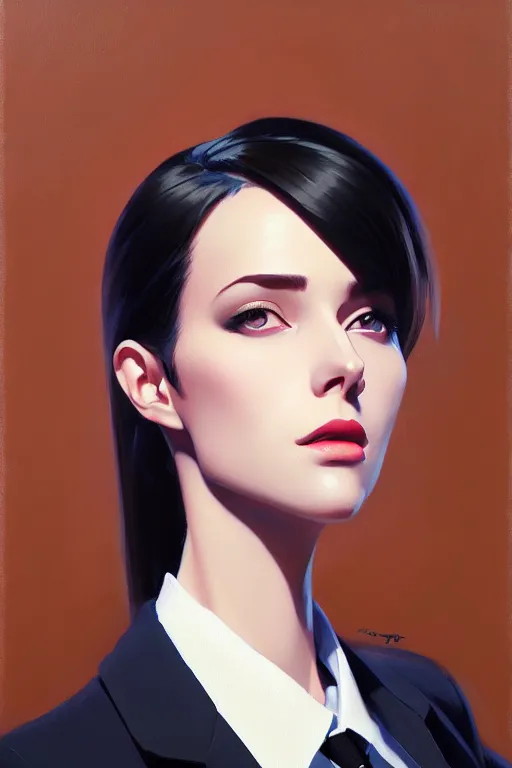 Image similar to a ultradetailed beautiful panting of a stylish woman wearing a oversized suit with a tie, oil painting, by ilya kuvshinov, greg rutkowski and makoto shinkai, trending on artstation