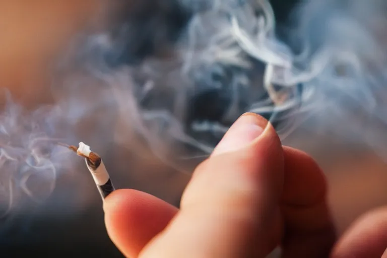 Prompt: Close-up of thin soft hand holding cigarette in fingers, with smoke, hyper realistic, high details, photo, super resolution