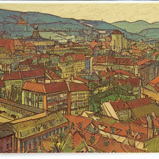 Prompt: a colored woodblock of Chambéry city in France by Alfred Mucha