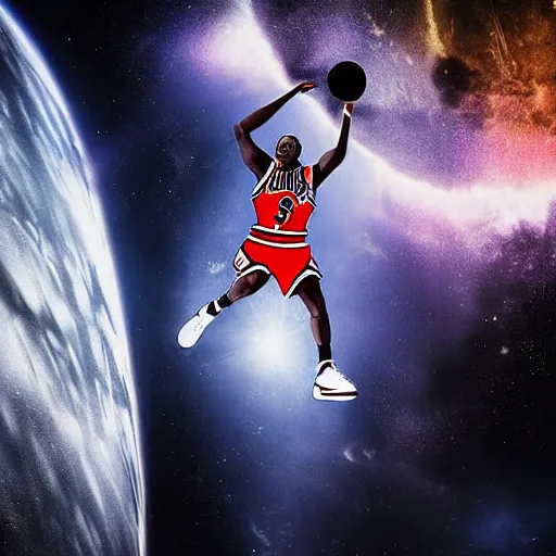 Prompt: Poster of Michael Jordan in space dunking into a black hole, highly detailed, realistic, DSLR photo