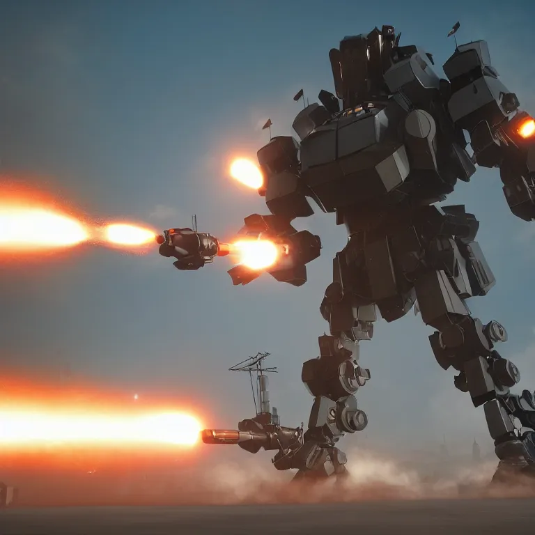 Image similar to Giant police mech fires rockets at helicopter, color, cinematic lighting, highly detailed, octane render