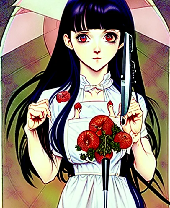 Image similar to portrait of a morbid 18 year old young woman wearing a cottage-core aesthetic dress with straight silky black hair, in a butcher shop, queen of sharp razor blades, in the style of Range Murata and by Alphonse Mucha and by Katsuhiro Otomo.