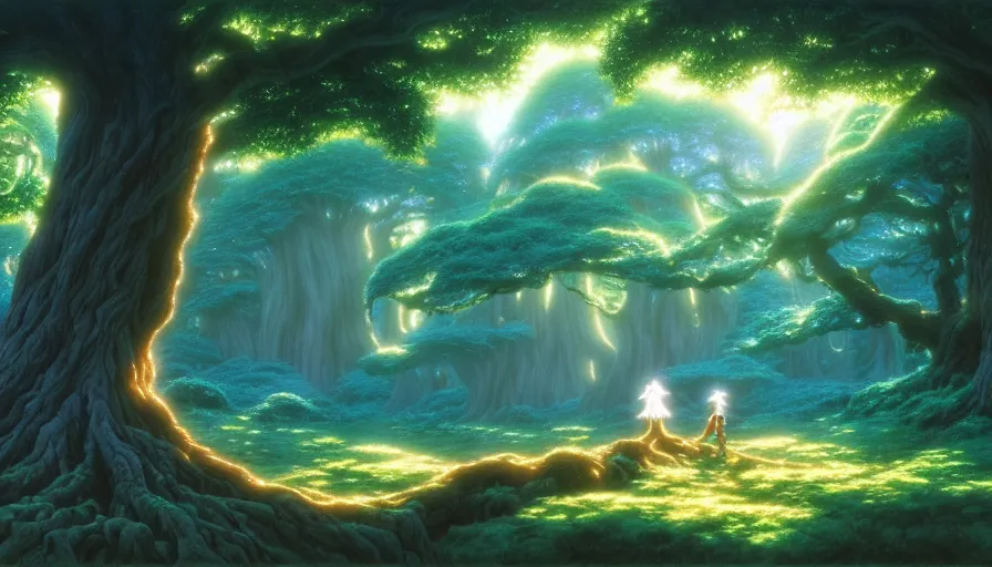 Prompt: a geant oak tree in a forest of ori and the will of the wisps, studio ghibli, painted by tim hildebrandt, michael whelan, background environment. 8 k
