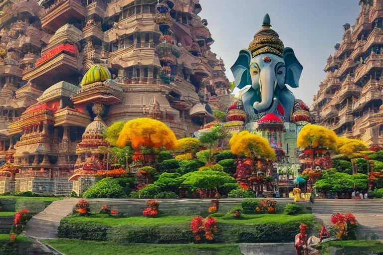 Image similar to beautiful futuristic new delhi, sharp biophilic ganesha!! building, kalighat flowers, highly detailed, stephen shore & john j. park, cinematic morning light, wide shot, ground angle, uhd 8 k, sharp focus