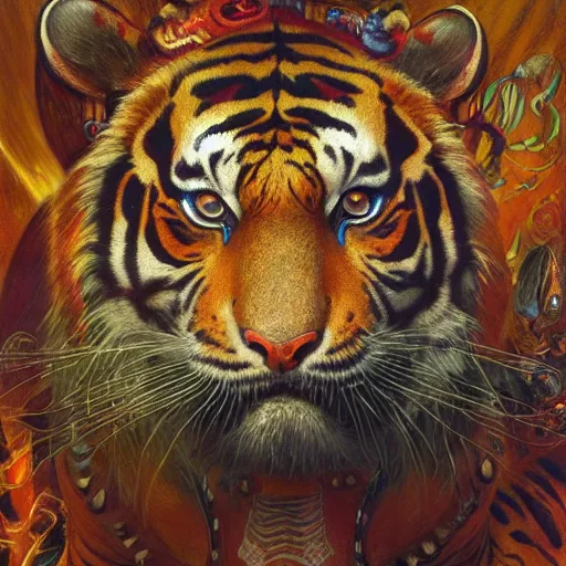 Prompt: highly detailed portrait of a tiger shaped psychedelic dmt mecha, painting by gaston bussiere, craig mullins, j. c. leyendecker, lights, art by ernst haeckel, john william godward, hammershøi, alex grey