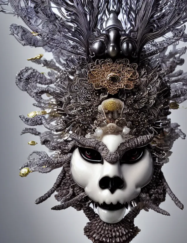 Image similar to goddess macro close - up portrait wigh crown made of ram skull. beautiful intricately detailed japanese crow kitsune mask and clasical japanese kimono. betta fish, jellyfish phoenix, bioluminiscent, plasma, ice, water, wind, creature, super intricate ornaments artwork by tooth wu and wlop and beeple and greg rutkowski