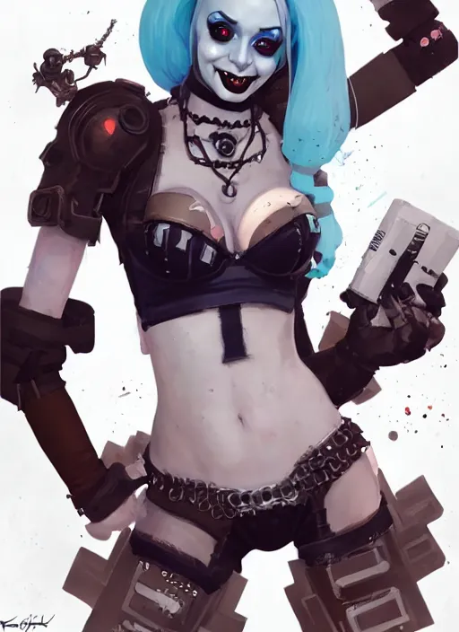 Image similar to portrait of cute goth harley quinn in cyber bikini armor, warhammer, cyberpunk, by atey ghailan, by greg rutkowski, by greg tocchini, by james gilleard, by joe fenton, by kaethe butcher, by gustav klimt, dynamic lighting, gradient light blue, brown, blonde cream and white color in scheme, grunge aesthetic