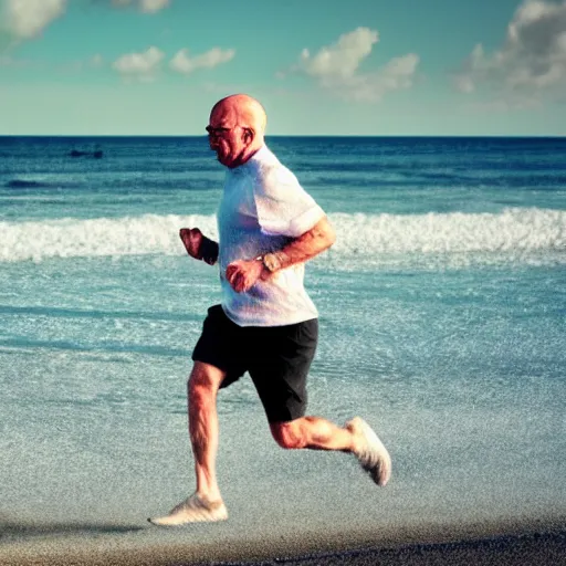 Image similar to Walter White running on the beach, artistic, 8k, cinematic, accurate, symetric, face, dramatic lighting, pastel colours