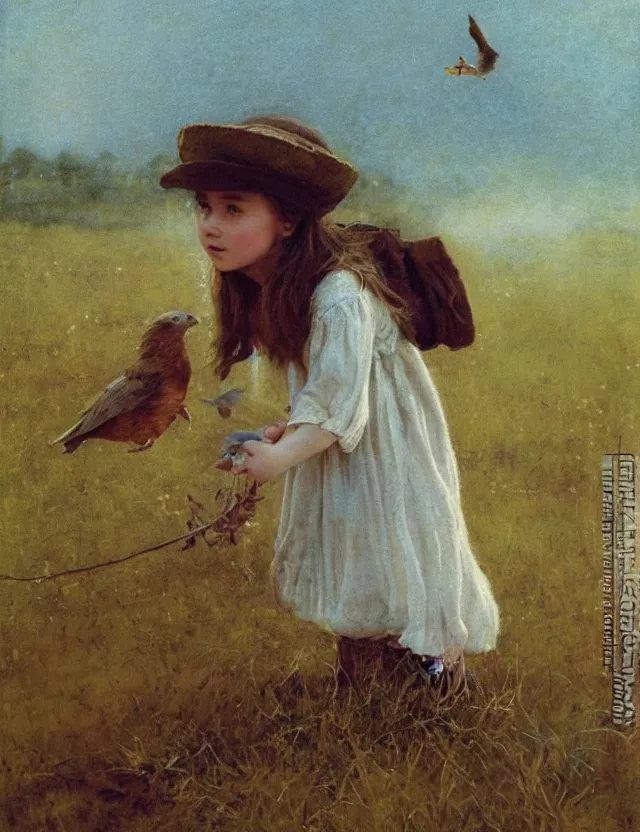 Image similar to portrait of little peasant girl setting free a bird, cottage core, cinematic focus, polaroid photo bleached vintage pastel colors high - key lighting, soft lights, foggy, by steve hanks, by lisa yuskavage, by serov valentin, by tarkovsky, 8 detailed, oil on canvas