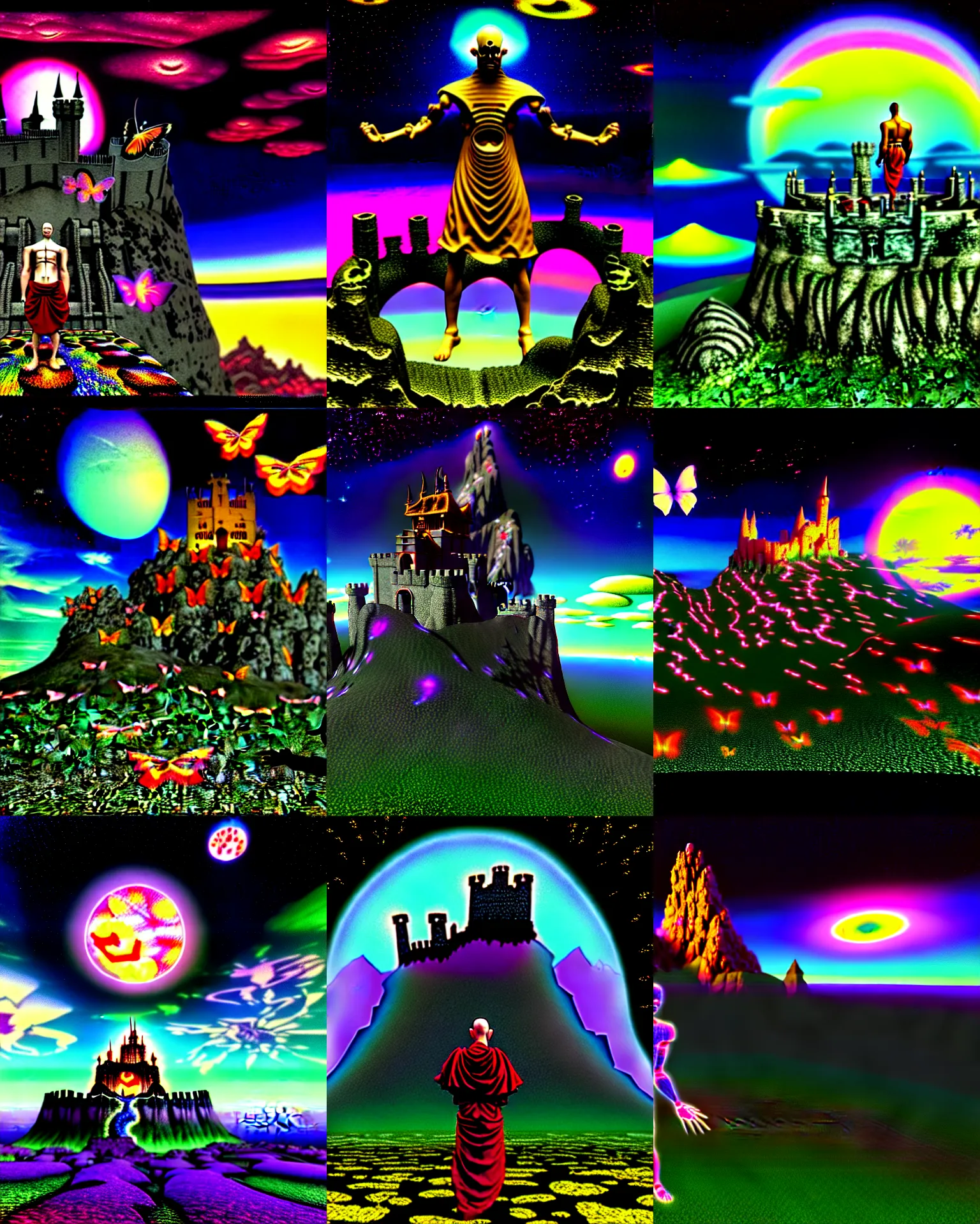Prompt: 3 d render of cyborg demon monk standing in cgi mountain landscape with castle ruins against a psychedelic surreal background with 3 d butterflies and 3 d flowers n the style of 1 9 9 0's cg graphics against the cloudy night sky, lsd dream emulator psx, 3 d rendered y 2 k aesthetic by ichiro tanida, 3 do magazine, wide shot
