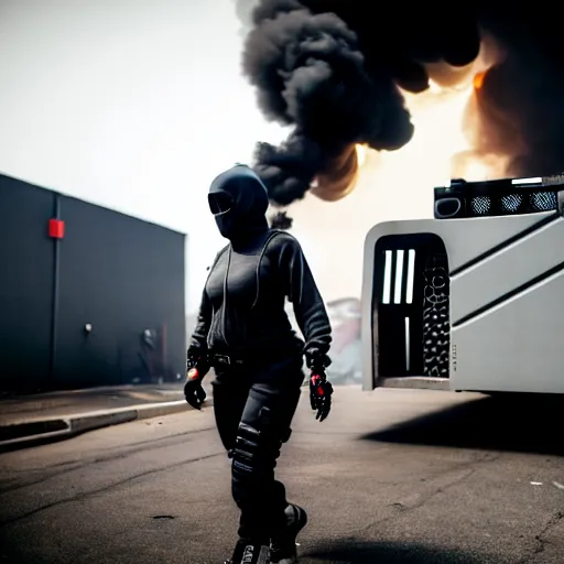 Image similar to Candid extreme wide shot of a poor techwear mixed woman with short hair and tattoos outside of a futuristic Los Angeles on fire, a police MRAP on fire, cyberpunk, 4k, extreme long shot, desaturated, full shot, action shot, motion blur, depth of field, sigma 85mm f/1.4, high resolution, 4k, 8k, hd, full color, award winning photography, war photography