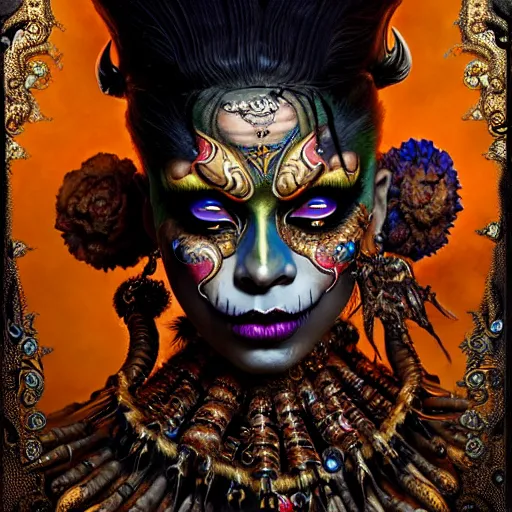 Image similar to uhd photorealisitc authentic two - face wearing ornate costume and intricate voodoo makeup, intricate details, vivid colors, frightening surroundings, studio lighting, correct details, in the style of amano, karol bak, akira toriyama, and greg rutkowski