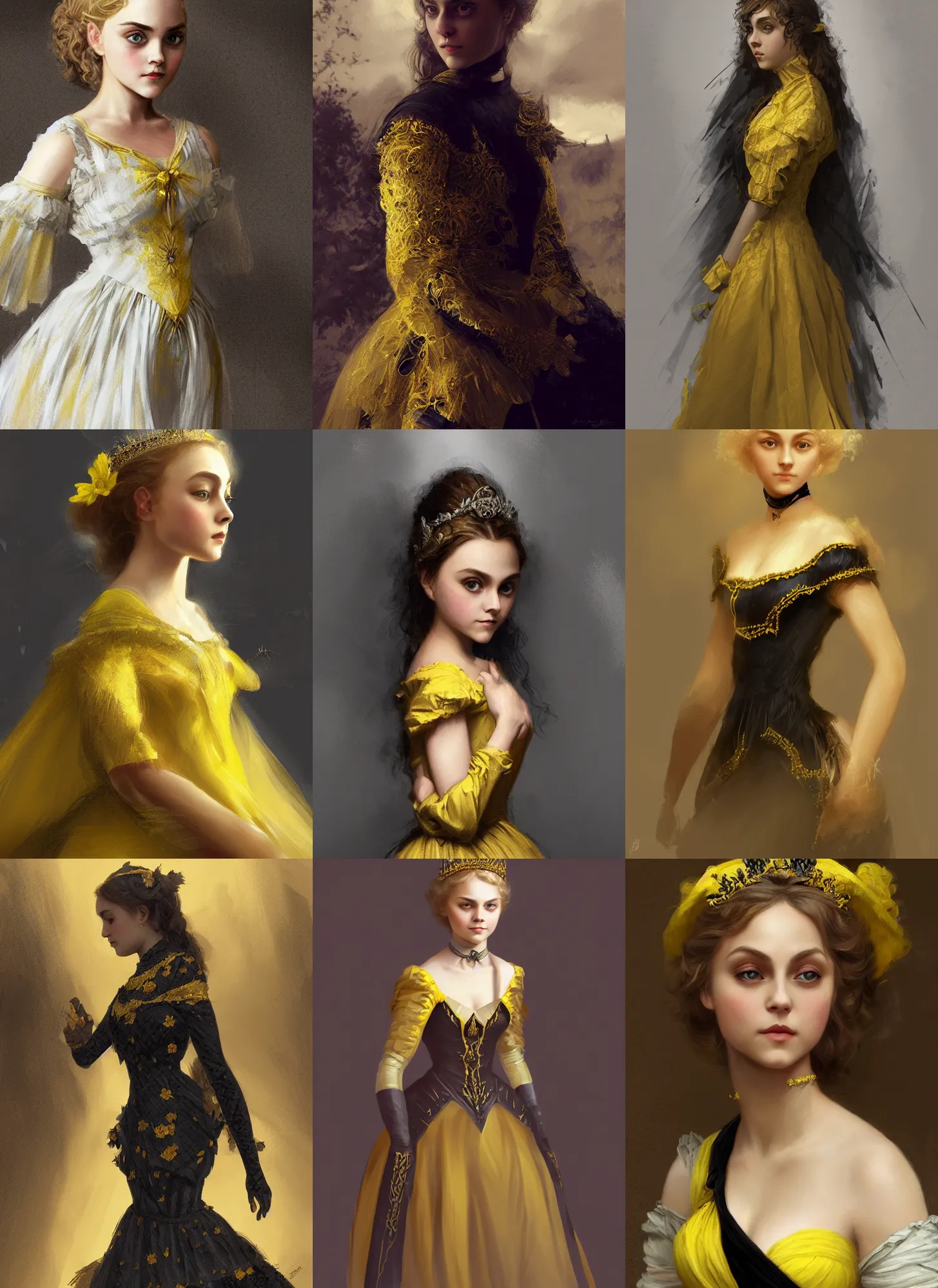 Prompt: annasophia robb as young princess, black and yellow dress, intricate, elegant, highly detailed, digital painting, artstation, concept art, smooth, sharp focus, illustration, bouguereau, aleksi briclot, rutkowski