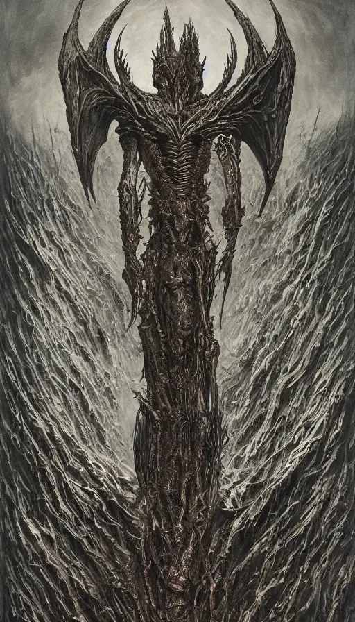 Image similar to Scorn themed painting of symmetrical organic torso Leviathan infernal armor anatomy with bat wings and extended evil hands concept, intricate artwork by H.R. Giger, Johnatan Wayshak, Zdizslaw Beksinski, Ayami Kojima, Amano, Karol Bak, Moebius, and Mark Brooks, Neo-Gothic, gothic, rich deep colors, art by Takato Yamamoto, masterpiece, face by Artgerm, very coherent artwork, cinematic, hyper realism, high detail, octane render, unreal engine, 8k, High contrast, golden ratio, trending on cgsociety