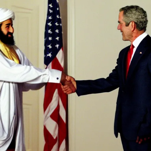 Image similar to george w bush shaking hands with osama bin laden, 8k cinematic lighting, very sharp detail, anatomically correct