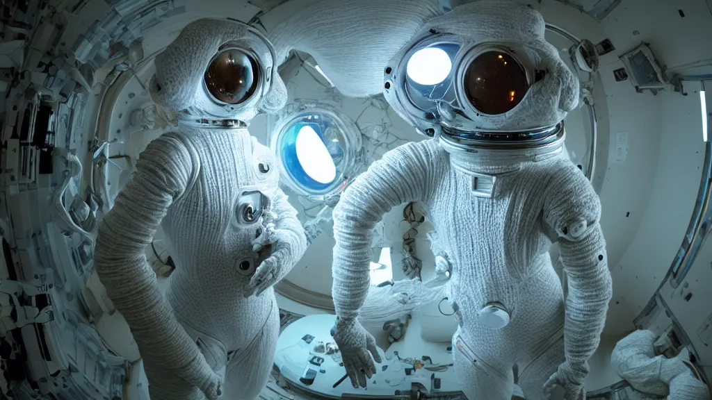 Image similar to a cybernetic symbiosis of a single astronaut eva suit made of wearing knitted yarn thread infected with diamond 3d fractal lace iridescent bubble 3d skin covered with insectoid compound eye camera lenses floats through the living room, film still from the movie directed by Denis Villeneuve with art direction by Salvador Dalí, wide lens,